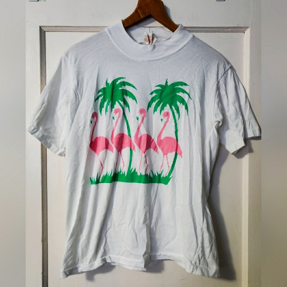 90's Flamingo Vintage Florida Vacation Palm Trees Handprinted Graphic Tee🦩